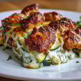 Layered golden chicken and zucchini slices in a creamy yogurt blend inside the baking dish.