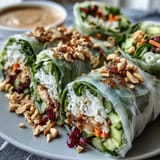 A deconstructed Rice Paper Roll Bowl with tofu, fresh mint, cilantro, and chopped peanuts, served with lime wedges on a rustic wooden table.