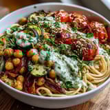 A close-up of a warm chickpea pasta bowl with vibrant veggies and a savory tahini drizzle.