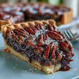 Slice of Kentucky Derby Chocolate Bourbon Pecan Tart topped with whipped cream, showcasing gooey filling and toasted pecan halves.  