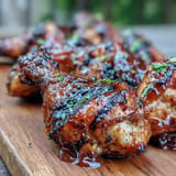 Sweet and spicy BBQ chicken drumsticks with sticky peach glaze, grilled golden brown.