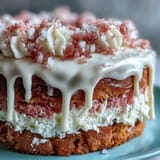 Beautiful pink Bridal Shower Rosé Velvet Cake topped with creamy frosting and shimmering gold.