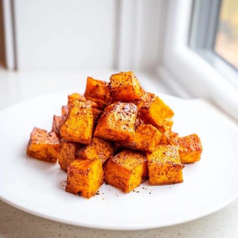 A close-up of Roasted Sweet Potatoes, seasoned with paprika and garlic, piled high on a rustic baking sheet.