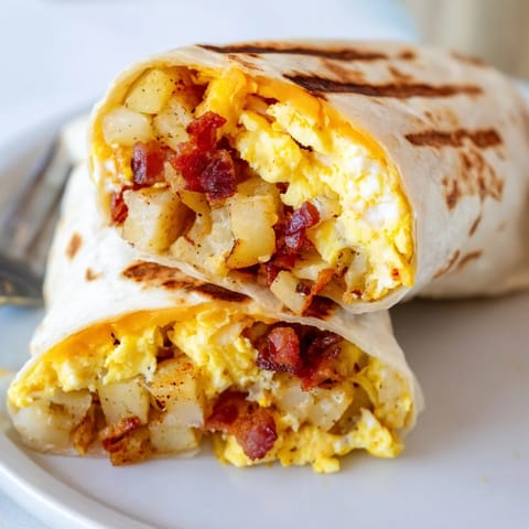 Golden-brown flour tortilla wrapped around a hearty filling of sausage, eggs, and peppers for breakfast.