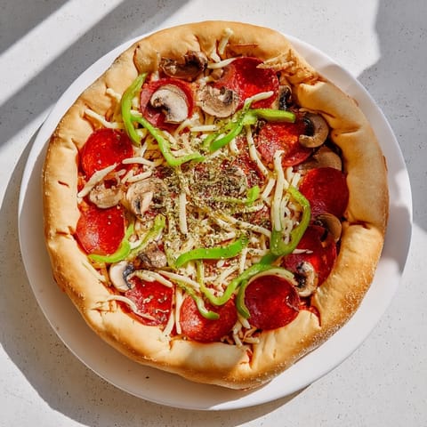 Sliced Stuffed Crust Pizza revealing gooey mozzarella inside the crust, served hot with pepperoni and veggies