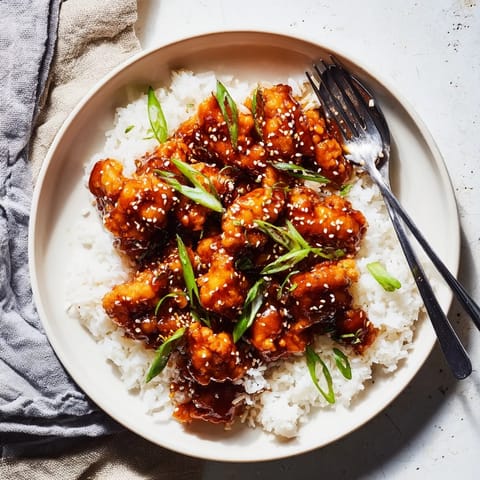 Golden General Tsos Chicken coated in glossy red sauce on white rice.