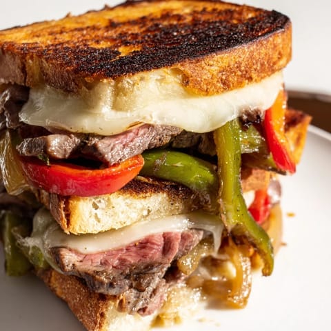Golden-brown Philly Cheesesteak Grilled Cheese sandwiches, cut diagonally to show melted provolone and a savory steak-pepper filling on a rustic board.  