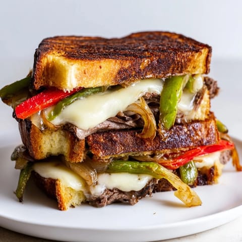 A close-up of a Philly Cheesesteak Grilled Cheese with gooey provolone stretching from sautéed peppers, onions, and tender ribeye between buttery bread.  
