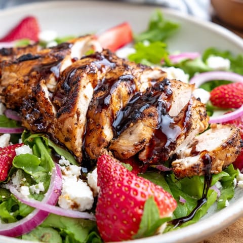 A close-up view of a plated honey balsamic chicken salad, featuring juicy grilled chicken, sweet strawberries, creamy goat cheese, and a glossy honey balsamic glaze drizzled over the greens.