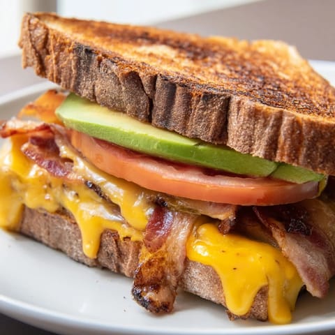 Perfectly golden Avocado BLT Grilled Cheese, served hot with fresh tomato and creamy avocado slices visible inside.