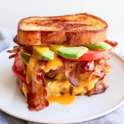 A close-up of the Avocado BLT Grilled Cheese showing melted cheese oozing from the golden, crispy sourdough bread.