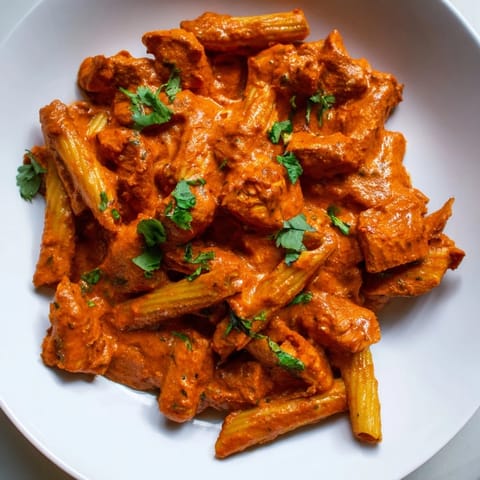 A close-up of chicken tikka pasta in a white bowl, featuring golden pasta and rich, spiced red sauce.  