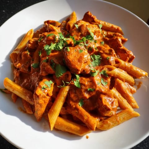 Creamy chicken tikka pasta with tender marinated chicken and a vibrant tomato cream sauce, garnished with fresh cilantro.  