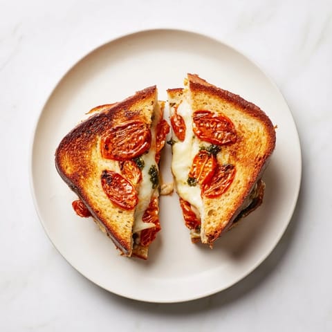 A close-up of a golden-brown Roasted Tomato Pesto Grilled Cheese, oozing melted cheese and vibrant roasted tomatoes on rustic bread.  