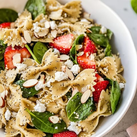 Tossed Spring Spinach Strawberry Pasta Salad with bow-tie pasta, fresh spinach, and sliced strawberries in a tangy poppy seed dressing.