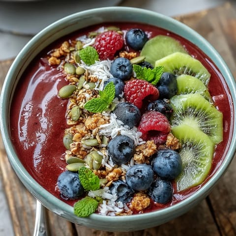 Vibrant Beet and Berry Smoothie Bowl topped with crunchy granola and fresh fruit.