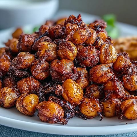 Crunchy roasted chickpea snack, warm spices evident, perfect for healthy munching.
