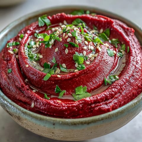 Creamy roasted beet hummus swirled with vibrant color, drizzled with olive oil.
