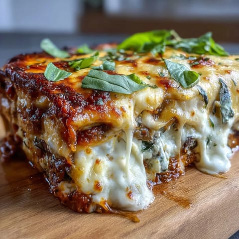 A golden, bubbling One-Pan Smoky Veggie Lentil Lasagne fresh from the oven, garnished with fresh basil.