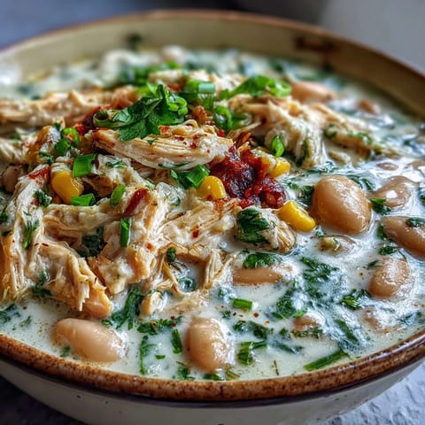 Bowl of creamy White Chicken Chili topped with cilantro, cheese, and lime wedges. 