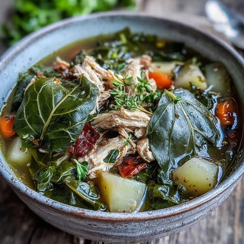 Steaming bowl of Collard Greens, Chicken and Vegetable Soup, with tender shredded chicken and vibrant green collards.