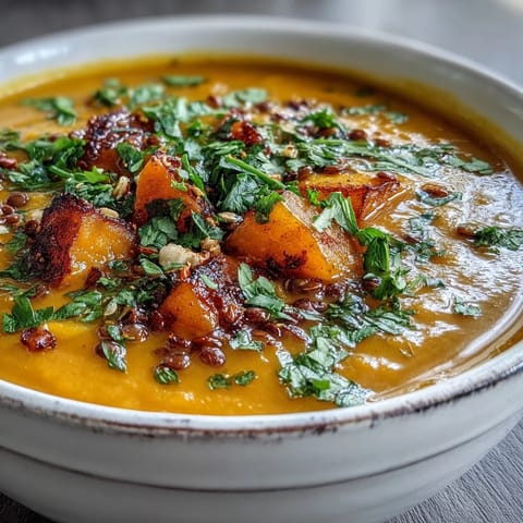 A close-up of creamy Butternut Squash and Lentil Soup in a white bowl, garnished with fresh cilantro and a lemon wedge.