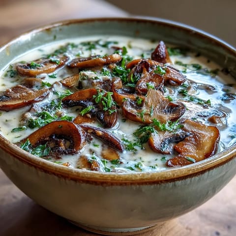 Creamy Mushroom Stroganoff Soup ladle into a rustic bowl, garnished with fresh parsley and a swirl of sour cream.