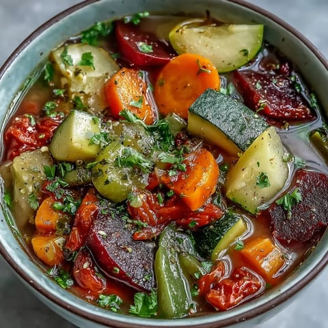 Steaming bowl of Rainbow Vegetable Detox Soup featuring diced carrots and zucchini.
