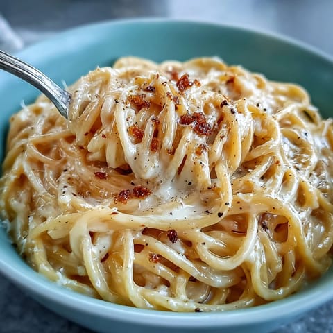 Steaming Cacio e Pepe pasta tossed in a creamy Pecorino Romano sauce with freshly cracked black pepper.