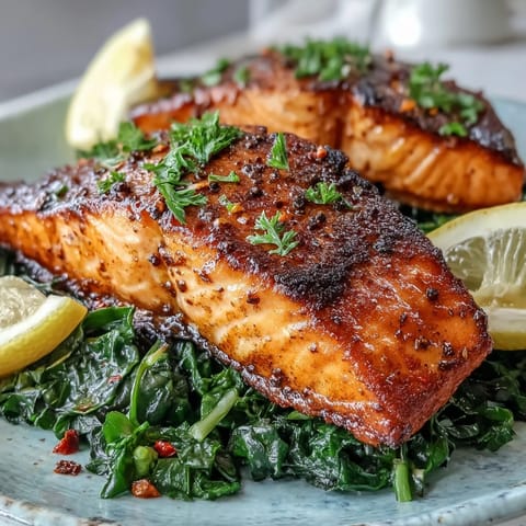 Air Fryer Salmon and Swiss Chard features two crispy-skin fillets resting on a bed of vibrant, garlicky greens, served with fresh lemon wedges for a bright finish.