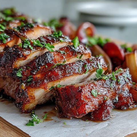 Tangy rhubarb and savory pork slices garnished with fresh parsley on a serving platter for dinner.
