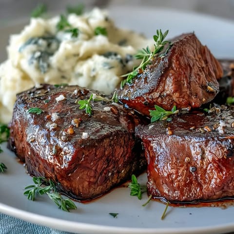 Savory Venison Steaks with Caraway Crushed Swede drizzled with a rich red wine reduction sauce.