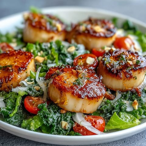 Golden seared scallops top a vibrant escarole salad with cherry tomatoes, red onion, and shaved Parmesan.