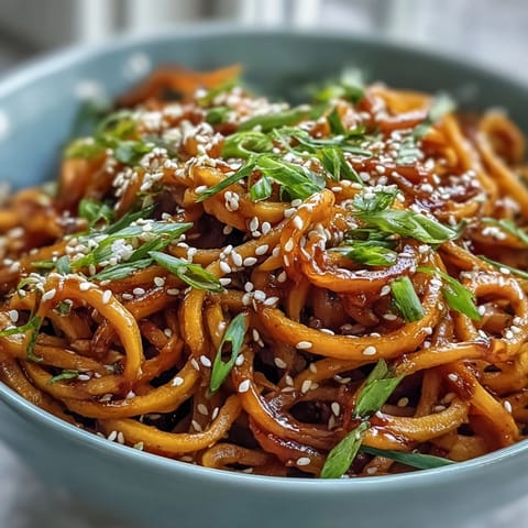 Golden roasted swede ribbons tossed with chewy rice noodles in a glossy gochujang dressing, garnished with sesame seeds.
