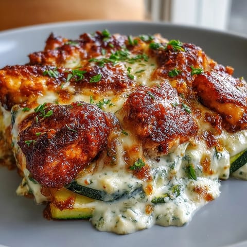 Baked High Protein Chicken Zucchini Casserole topped with melted mozzarella and fresh herbs.