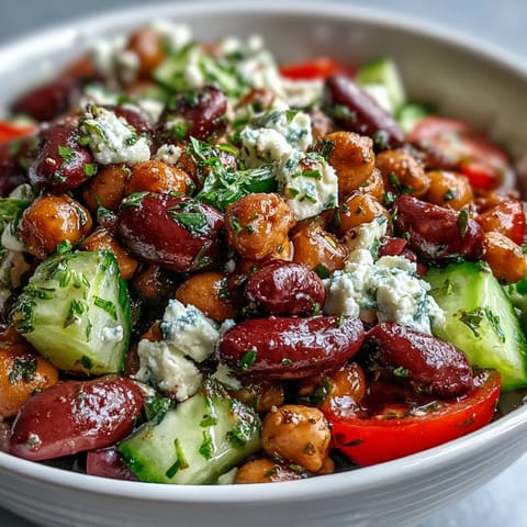 Freshly marinated Greek Bean Salad with lemon-oregano dressing sits in a bowl topped with crumbled feta, cucumbers, and vibrant tomatoes.