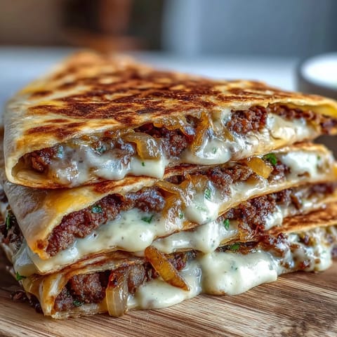 Sizzling thin smashburger patties cook on a griddle next to sweet onions, ready for assembling into Cheesy Griddled Smashburger Quesadillas.
