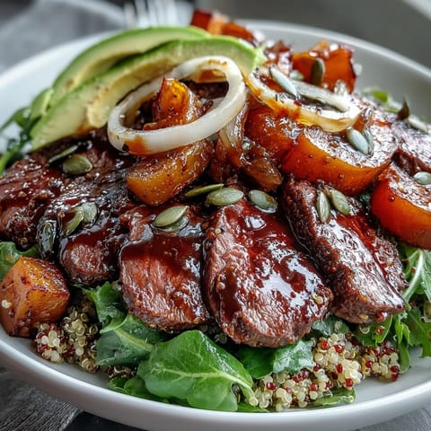 Golden roasted butternut squash steak bowls feature fluffy quinoa, smoky steak, and creamy avocado on a bed of vibrant greens.