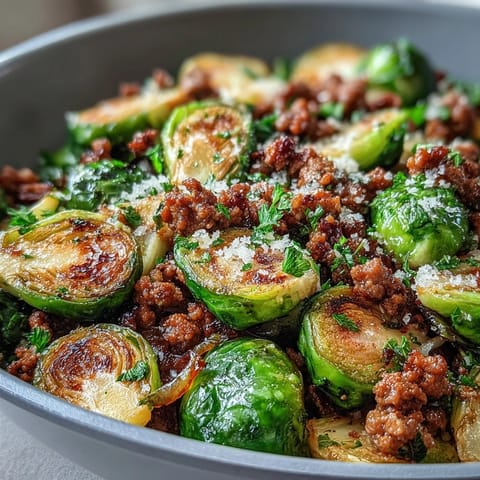 Golden-brown Brussels sprouts and savory ground turkey sizzle together in a skillet, finished with fresh parsley and Parmesan.