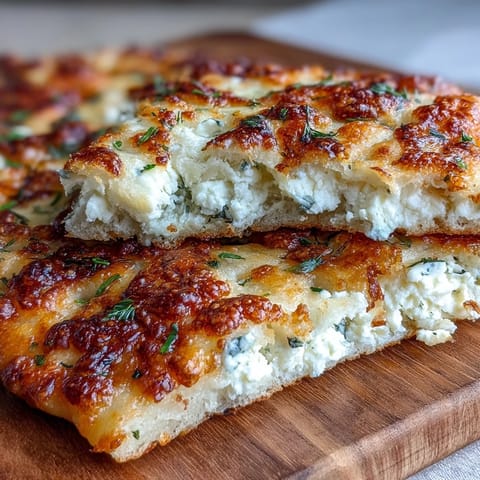 Golden-brown Fluffy Cottage Cheese Flatbread bubbling in a skillet, flecked with fresh herbs and ready to serve warm.