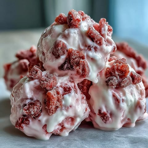A close-up of Strawberry & Banana Yoghurt Clusters reveals a honey-sweetened swirl and crisp fruit toppings on parchment.