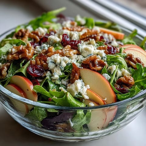 Fresh Mixed Greens and Apple Bowl topped with crunchy walnuts and creamy cheese, tossed in a shiny cider vinaigrette.