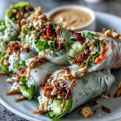 Close-up of a vibrant Rice Paper Roll Bowl showing silky rice paper shards, julienned carrots, cucumber, red cabbage, and grilled chicken drizzled with creamy peanut sauce.