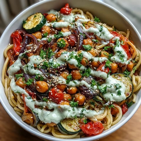 Freshly roasted zucchini and bell peppers sit atop chickpea pasta, drizzled with creamy tahini sauce.