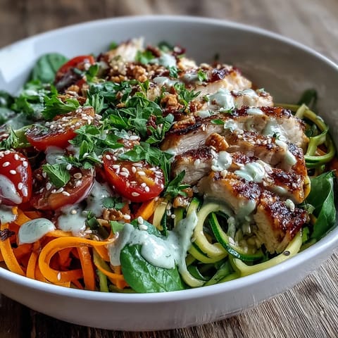 A vibrant Spiralized Vegetable Bowl with zucchini noodles, roasted sweet potato, cherry tomatoes, and grilled chicken drizzled with creamy tahini sauce.