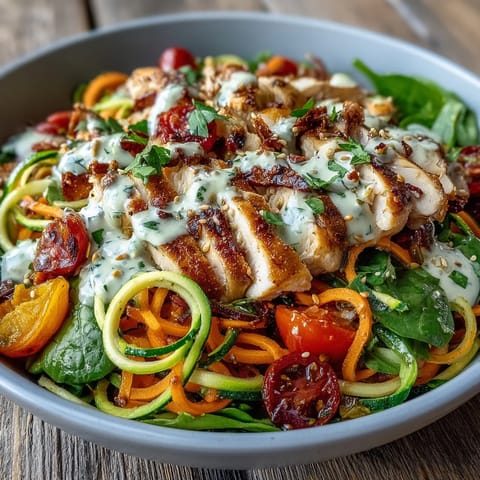 Twirled zucchini and sweet potato noodles mingle with fresh spinach and toasted sesame seeds in a nourishing, gluten-free Spiralized Vegetable Bowl.