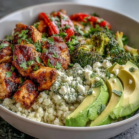 Colorful low-carb cauliflower rice bowl featuring crispy chicken, sautéed broccoli, and red bell peppers.