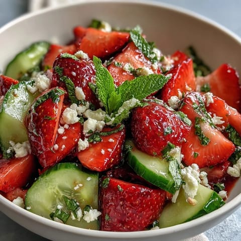 Crisp cucumber and juicy strawberry salad with fresh mint, drizzled in a light lemon-honey dressing—perfect for a refreshing spring meal.