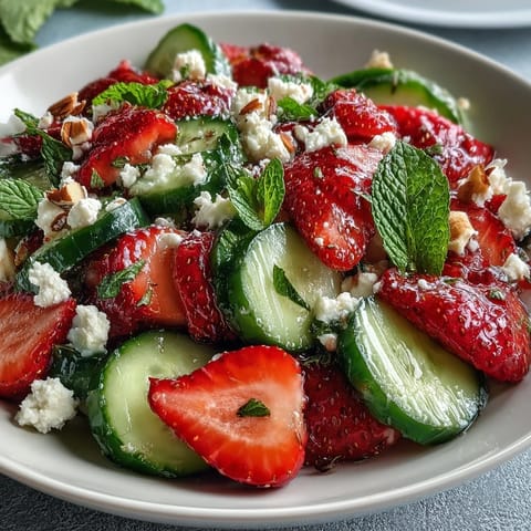 A vibrant spring salad featuring sliced cucumber, ripe strawberries, and fragrant mint leaves, tossed with baby greens for extra freshness.