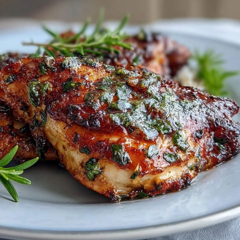 Golden roasted chicken with lemon and herbs, served with crispy baby potatoes and fresh parsley garnish.